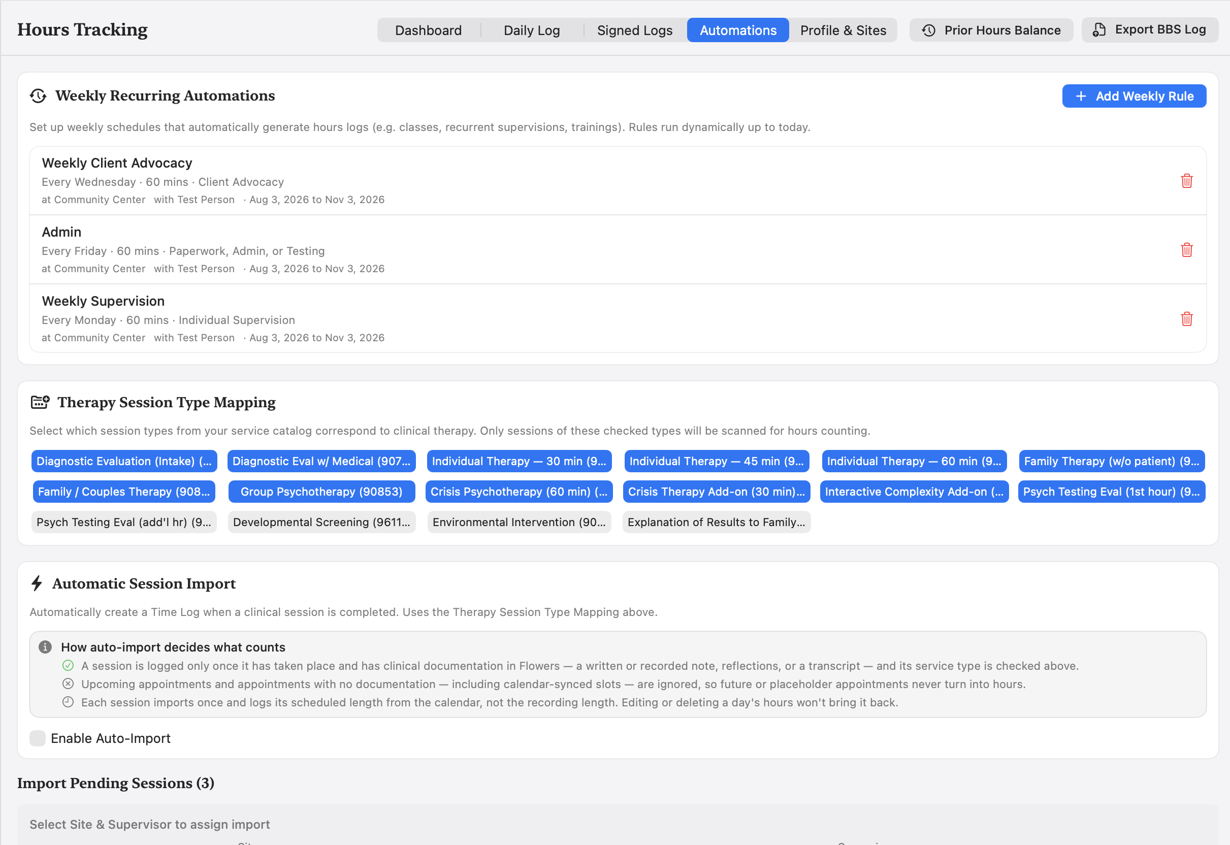 Automations tab showing weekly recurring rules for supervision, admin and client advocacy, the therapy session type mapping, and the automatic session import settings